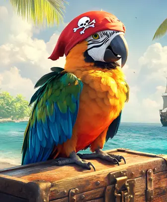 Parrot on a wooden chest with a ship in the background